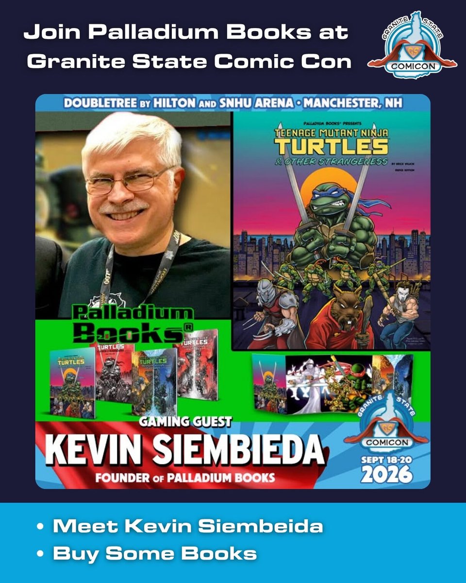 PalladiumBooks's tweet photo. Palladium is hitting the road for Granite State Comic Con, Sept. 18–20!

We’re bringing TMNT® &amp; Other Strangeness Redux, After the Bomb, Rifts® and more—plus an incredible lineup of TMNT legends and comic creators.

See you in New Hampshire!

#TTRPG #TMNT #GSCC #Cowabunga https://t.co/BpnGxGCGiu