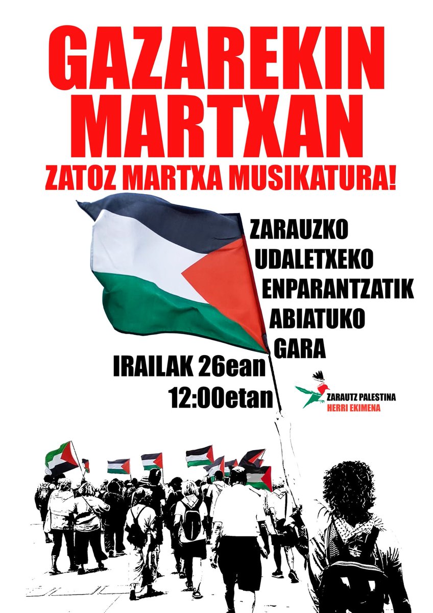 GerPalesti2023's tweet photo. 𝐌𝐀𝐑𝐓𝐗𝐀 𝐌𝐔𝐒𝐈𝐊𝐀𝐓𝐔𝐀 𝐙𝐀𝐑𝐀𝐔𝐓𝐙𝐄𝐍
Hilaren 26an, 12etatik aurrera, Udaletxeko enparantzatik elkartasuna adierazteko beste era bat.
#GenozidioaSTOP
#PalestinaAskatu https://t.co/VTI11MHW5e