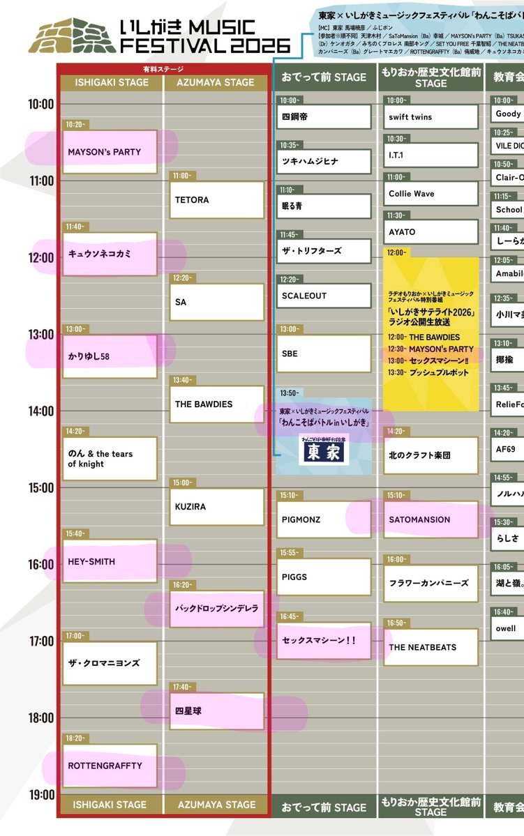 DATTYxDATTY's tweet photo. いしがきMF参戦予定
こんな感じで行く予定やけど、物販買いながらとかご飯食べながらとか入れたらもうちょい増えるかも？
にしても忙しい笑
諦めなあかんバンドがあったりして、ほんとに身体が足りないッッ！！ https://t.co/e5RtzWhJPb