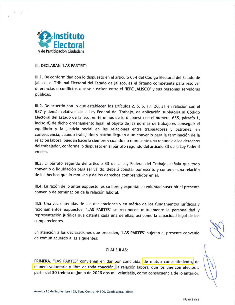 jcrtoral's tweet photo. @iepcjalisco @CANAL44TV @SEJALMX @PRamirezHohne @YaNiPaper Para obtener esa indemnización, Christian Flores firmó un convenio con el @iepcjalisco de terminación anticipada de la relación laboral, "de mutuo consentimiento, de manera voluntaria y libre de toda coacción". Ahí justifican el cálculo con el artículo 680 del Código Electoral ❌ https://t.co/xtlJ8acCP2