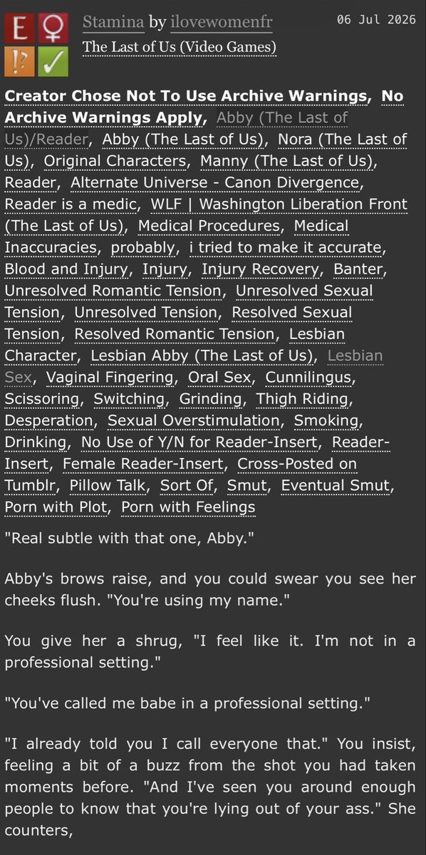 biosapphic's tweet photo. TLOU2
Abby/Reader (no Y/N)

Stamina - ilovewomenfr

https://t.co/HimiPlXwmU https://t.co/qDZJMrEQeo