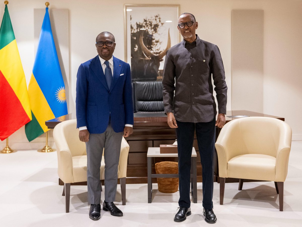UrugwiroVillage's tweet photo. President Kagame bid farewell to President @WadagniRomuald, marking the conclusion of his first Official Visit to Rwanda as President of the Republic of Benin. https://t.co/8zLxMMz6Pj