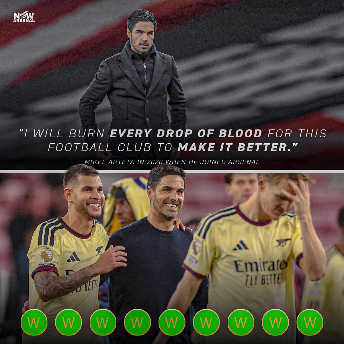 now_arsenaI's tweet photo. Arsenal are currently on their longest Premier League winning run in 23 years.

TWENTY THREE YEARS.

If Arsenal beat Brighton this weekend, they will go into the international break having won every single game in every competition this season.

Mikel Arteta in 2020 when he joined: “I will burn every drop of blood for this football club to make it better.”

Gaffer, we love you. ❤️