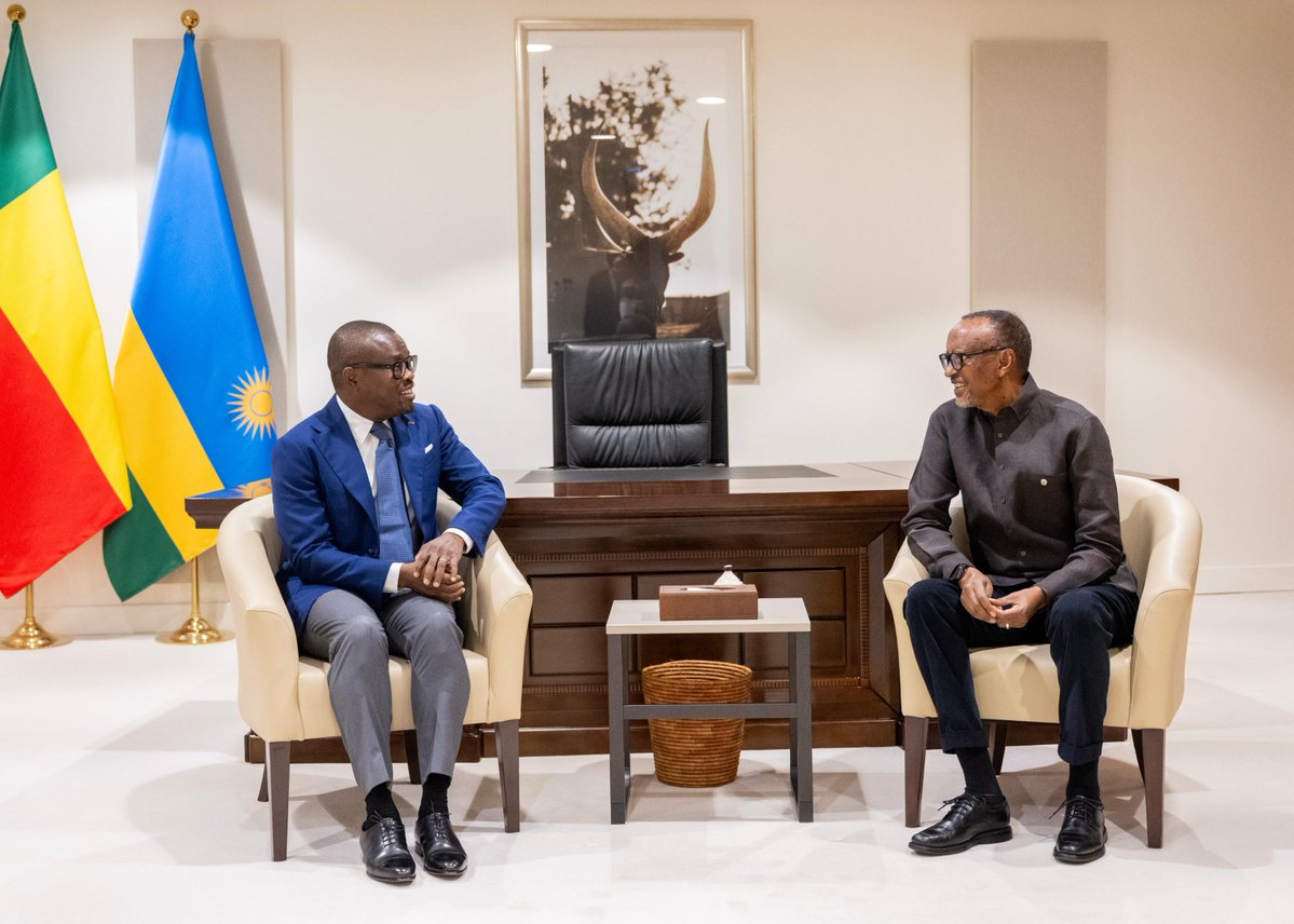 UrugwiroVillage's tweet photo. President Kagame bid farewell to President @WadagniRomuald, marking the conclusion of his first Official Visit to Rwanda as President of the Republic of Benin. https://t.co/8zLxMMz6Pj