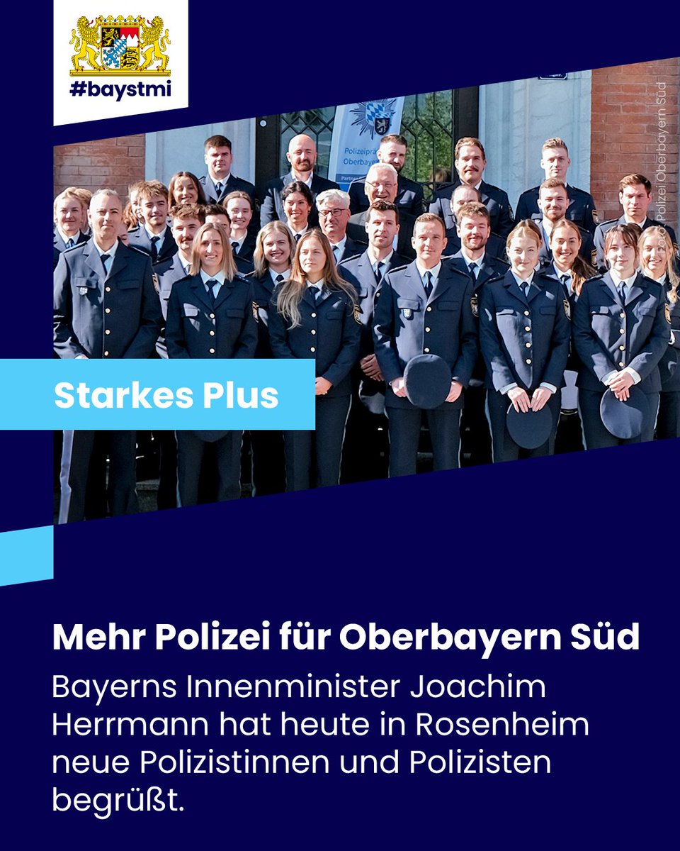 BayStMI's tweet photo. Verstärkung für Oberbayern Süd 👮‍♀️👮‍♂️

Innenminister Joachim #Herrmann hat heute neue Mitarbeiterinnen und Mitarbeiter der Polizei Oberbayern Süd begrüßt. Durch Versetzungen aus anderen Polizeiverbänden ergeben sich insgesamt 75 Neuzugänge für das Polizeipräsidium Oberbayern Süd. https://t.co/Ixax5fpihu