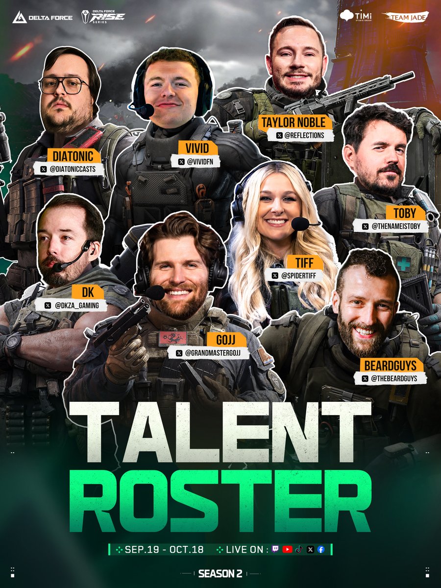 DFGameEsports's tweet photo. Season 2 is all set.

Schedules locked.
Talent ready.
EMEA and AMERICAS kick off on September 19. 

Your RISE Series S2 talent roster:

@DiatonicCasts
@VividFN
@Reflections
@TheNameIsToby
@DKZA_Gaming
@GrandmasterGojj
@spidertiff
@TheBeardGuys

Some old friends, some new faces. All here to call the action.

📅 September 19 – October 18

Check the full schedule below. 👇

#DeltaForce #DFesports #DFRise