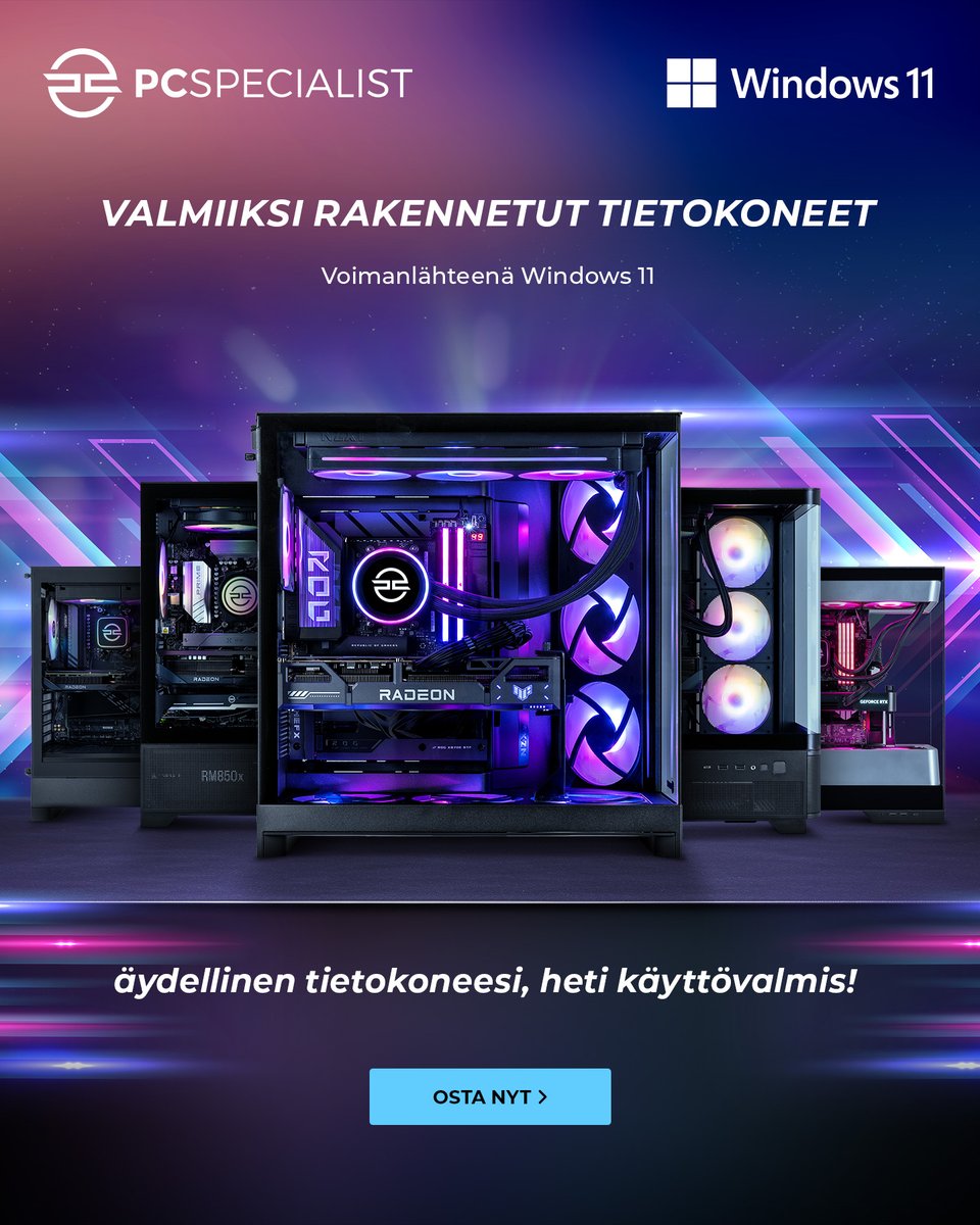 PCSpecialistFI's tweet photo. Valmiiksi rakennetut PC:t ovat sinulle, joka haluat hypätä suoraan toimintaan. Käyttövalmiita suoraan pakkauksesta ilman erillistä asennusta. Powered by Windows 11.

Tutustu valmiiksi rakennettuihin PC-koneisiimme ➡️ https://t.co/2dxZBfH9xC https://t.co/npiRR3qPlJ