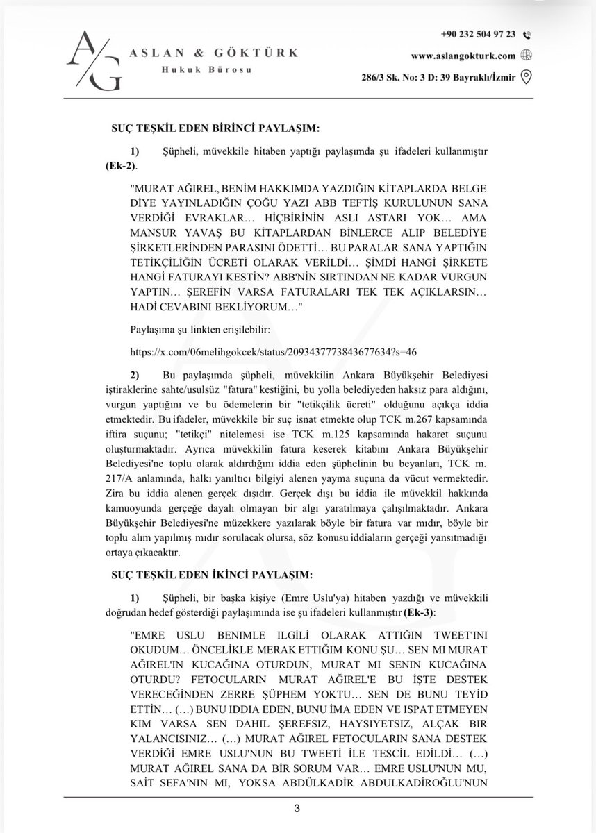 muratagirel's tweet photo. İkinci suç duyurusu İ. Melih Gökçek hakkında.

Ankara Büyükşehir Belediyesi ve iştiraklerinin benim kitaplarımı satın aldığı iddiasını da, FETÖ firarisi Emre Uslu üzerinden hakkımda ortaya attığı iddiaları da savcılığa bildirdim.

Şimdi sıra iddia sahibinde.

Her namuslu, şerefli vatandaşın yapacağı gibi, benim hakkımda ileri sürdüğü iddiaların dayanağı olan bilgi ve belgeleri savcılığa sunacak.

Ne biliyorsa, neye dayanıyorsa, elinde ne varsa verecek.

Ben de soruşturma sürecinde ortaya çıkan bilgi ve belgeleri kamuoyuyla paylaşacağım.

Diğer yaptığımız suç duyuruları kayda girince paylaşmaya devam edeceğim.