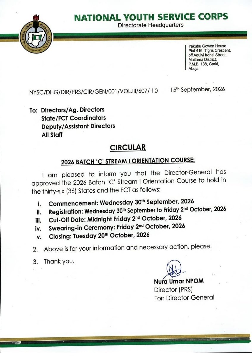 nysc360's tweet photo. 😂 DEAR ADIRE PCMs — CALM DOWN

To all Registered PCMs still waiting for Call-Up Number,

Please calm down ooo 😂🧘‍♂️

The newly released NYSC camp activities memo is clearly tagged “2026 Batch ‘C’ Stream I.” 👀

Meaning? Stream II is still very much on the table this year. 🏃‍♂️💨

You people almost escaped ADIRE/REFORM and entered through the front door 😂😂

So, no panic yet! 
Keep checking your dashboard and stay tuned for your Call-Up Number  updates.

NYSC360 🇳🇬