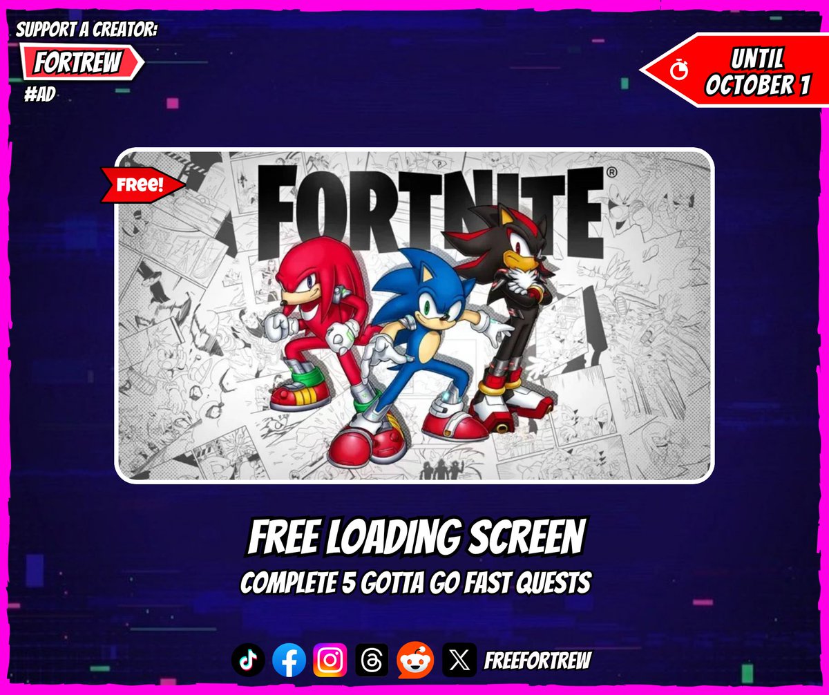 freefortrew's tweet photo. Free Loading Screen

Complete 5 Gotta Go Fast Quests.

🏆 Reward:
• "Take It To The End Zone" Loading Screen

📅 Available until October 1. https://t.co/y5O7lR75vy