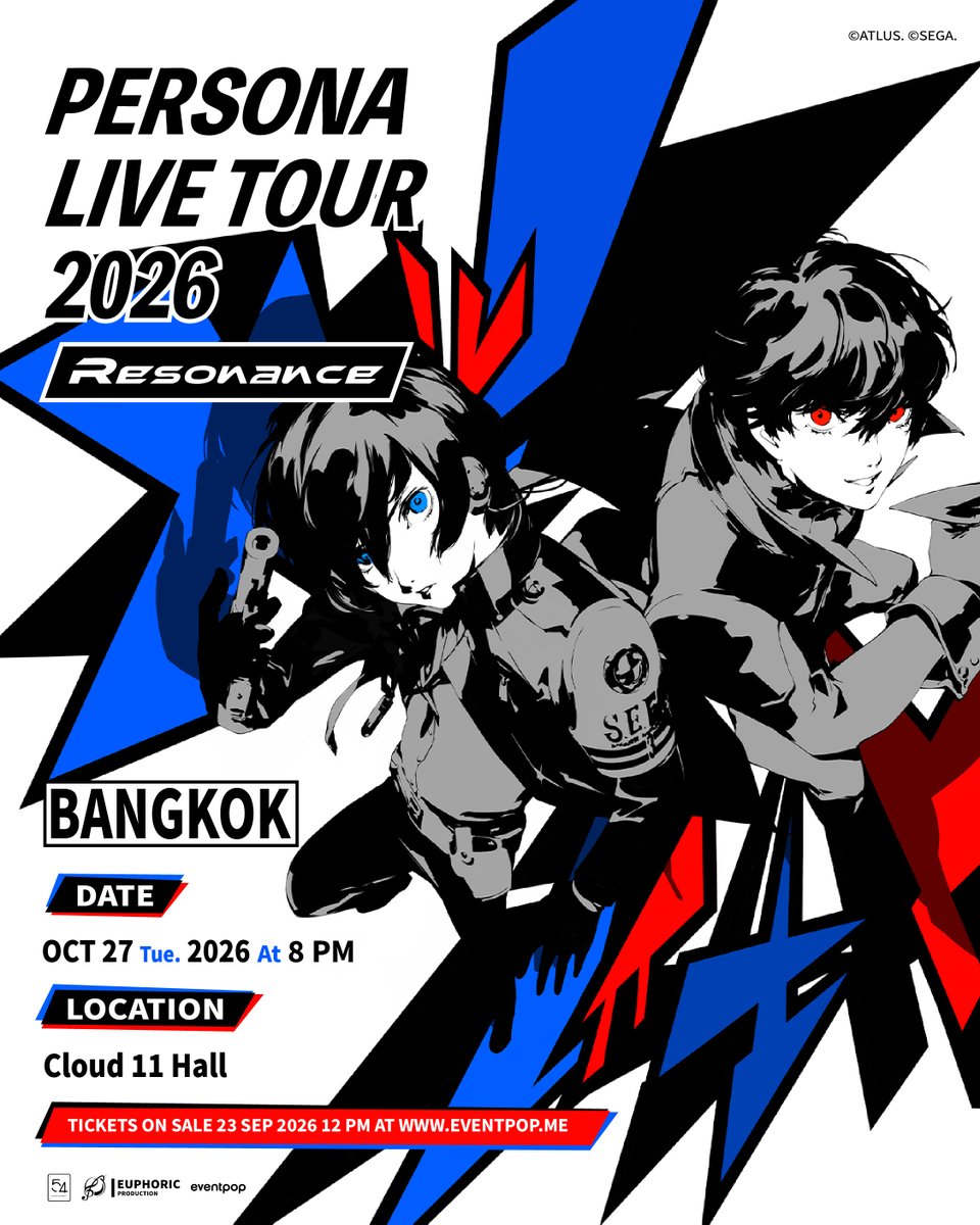 ATLUS_Gamemusic's tweet photo. 「PERSONA LIVE TOUR 2026 -Resonance-」 タイ／バンコク 公演開催決定！！熱いバンドサウンドをタイの皆さんへもお届けします🎸🥁🎤

PERSONA LIVE TOUR 2026 -Resonance- in Bangkok
Tuesday, 27 October 2026 | 08:00 PM
Cloud 11 Hall, Bangkok
More Information & Ticketing: https://t.co/I6PvSVpnni
Tickets go on sale: Wednesday, 23 September 2026 at 12:00 PM

SINGERS
Lyn (Lyn Inaizumi) / Azumi Takahashi / Lotus Juice

SPECIAL GUEST
Toshiki Konishi (ATLUS)

and Band Member

#Persona #PersonaLiveTour #ATLUS #54Entertainment
#p30th #ペルライ #PLT2026 #ペルソナライブ