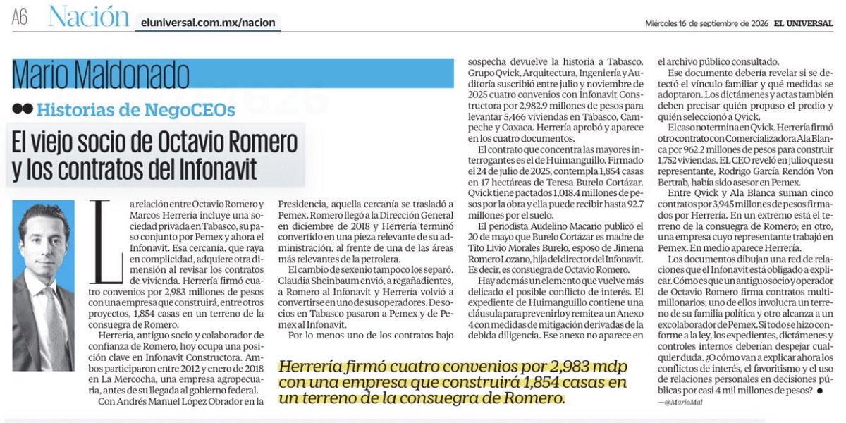 avieu's tweet photo. Un viejo socio de Octavio Romero firmó contratos del #Infonavit por 2,983 MDP.

¿El detalle?

Uno contempla 1,854 viviendas en un terreno de la CONSUEGRA de Romero, por más de 1,000 MDP.

Dicen que no son iguales, porque #SonPeores 🐀 https://t.co/R9sYd8PBHB