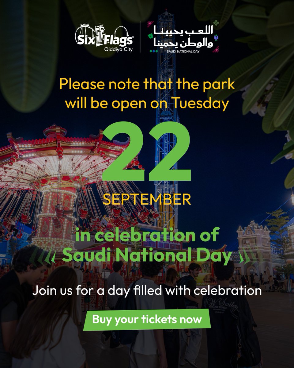 SixFlagsQC's tweet photo. ุงูู
ุชูุฒู ู
ูุชูุญ ููู
ุงูุซูุงุซุงุก 22 ุณุจุชู
ุจุฑ ๐ข
ููุชุธุฑูู
ุฃุณุจูุน ูุงู
ู ู
ู ุงูุงุญุชูุงูุงุช โจ
ุงุญุฌุฒูุง ุชุฐุงูุฑูู
ุงูุขู
#SixFlags_ู
ุฏููุฉ_ุงููุฏูุฉ #ู
ุฏููุฉ_ุงููุฏูุฉ
Weโre open this Tuesday, 22 September ๐ข
Get ready for a full week of celebrations โจ
Buy your tickets now
#SixFlagsQiddiyaCity #QiddiyaCity