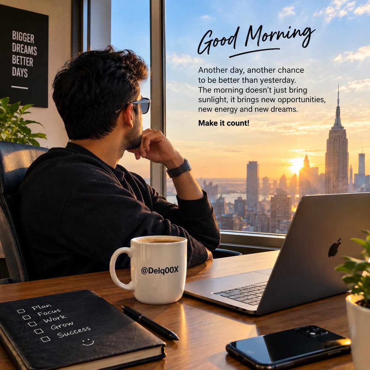 Delq00X's tweet photo. Good morning 

A new morning is a fresh opportunity.
Leave yesterday where it belongs.
Focus on what you can build today.
Move with purpose, stay consistent,
and let your results speak for you. 

Make today count. https://t.co/bjcZP0abtA