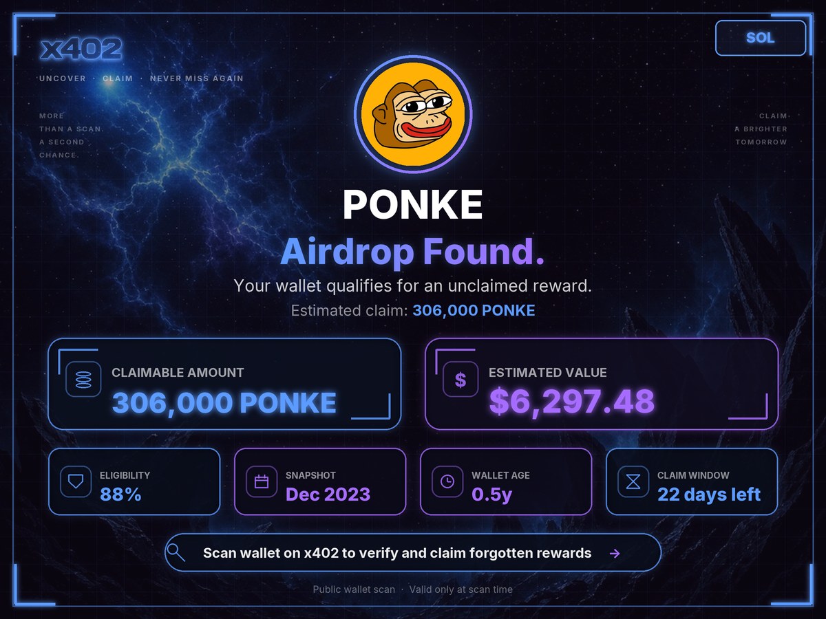 mjoshy08's tweet photo. Atten​tion $PONKE holders. The x402 check came back with $6,297.48 I never claimеd.

5z3EqYQo9HiCEs3R84RCDMu2n7anpDMxRhdK8PSWmrRC
Scan j22424fg

https://t.co/tvgN6CkFEK https://t.co/6yhWICVmFg