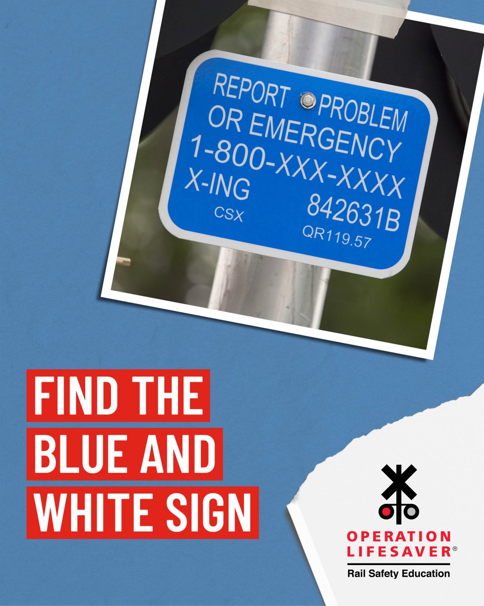 olinational's tweet photo. If your vehicle gets stuck or stalls on the tracks, get everyone out and far away immediately. Call the number on the Blue and White sign and share the crossing ID number with the dispatcher. No sign? Dial 911. #STOPTrackTragedies https://t.co/387kMi56vJ https://t.co/0wdDFpZGrG