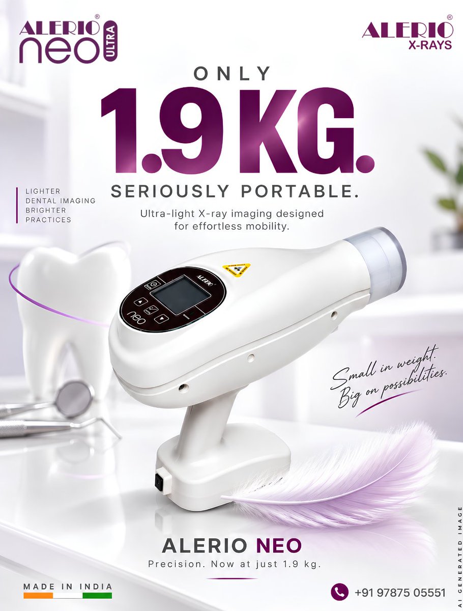 ALERIOXRAYS's tweet photo. Only 1.9 KG. Seriously Portable. 🦷

Meet ALERIO NEO. Ultra-light dental X-Ray imaging designed for effortless mobility.

Less weight. More freedom. Precise imaging.

🇮🇳 Made in India.

#ALERIO #ALERIONEO #DentalXRay #DentalImaging #MadeInIndia https://t.co/v92t0dorho
