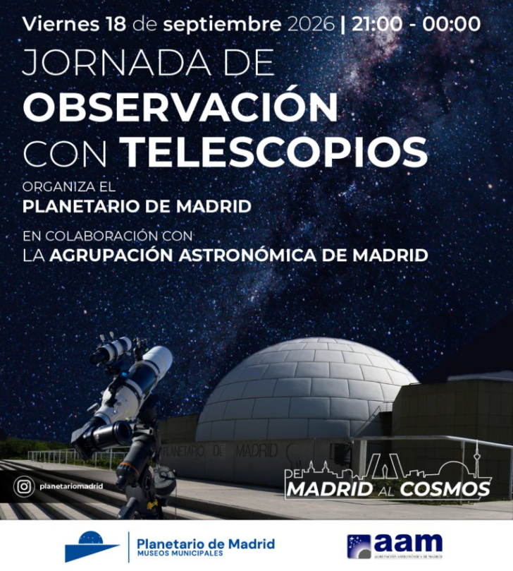 MADRID's tweet photo. 🔭  El viernes 18 de septiembre, @PlanetarioMad celebra una jornada de observación astronómica con telescopios que cuenta con la colaboración de la Agrupación Astronómica de Madrid

Habrá una pantalla led de 5 x 3 metros y una veintena de telescopios

 👉 https://t.co/bFdmmwvZdy https://t.co/bLP9zhPLLt