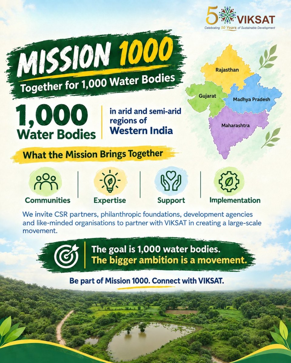 VIKSAT_INDIA's tweet photo. 1,000 water bodies. One mission. 🌱💧Mission 1000 brings communities, organizations, CSR partners &amp; experts together to revive water bodies and build climate-resilient rural futures. #Mission1000 https://t.co/8vDpjU3E9N