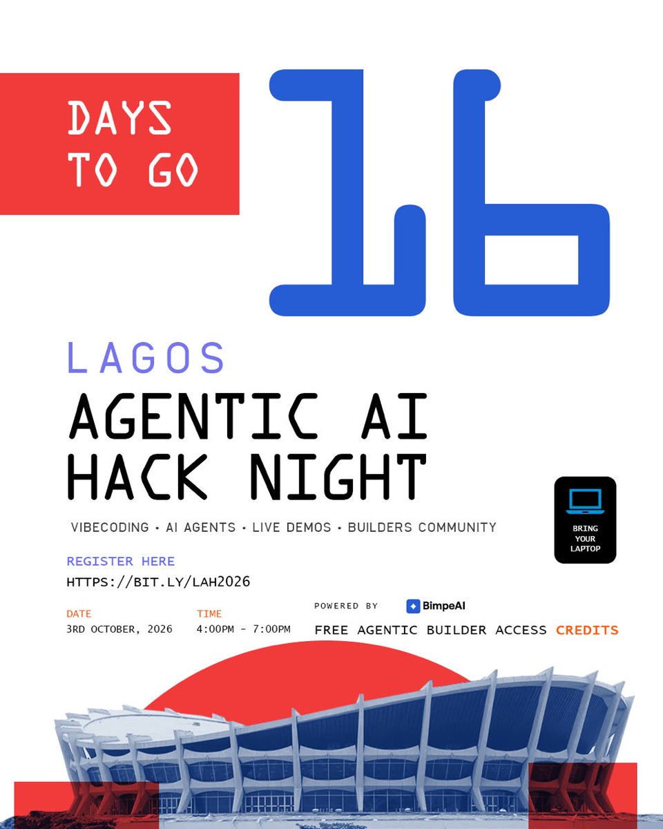 Elishatofunmi's tweet photo. 16 days until the Lagos Agentic AI Build Day! β³
Just raw code, multi-agent logic, and production-ready execution.
Assemble your team and secure your spot below.
πOctober 3, 2026
Register: https://t.co/lAZz1VLfmL
#AgenticAI #BuildInLagos #AIEngineering #LagosTech #BimpeAI https://t.co/gCSwp26YIi