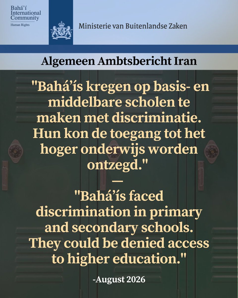 BahaiBIC_Rights's tweet photo. The Dutch government's Algemeen Ambtsbericht Iran (August 2026) documents the systematic exclusion of Baha'is in Iran.

Baha'is face discrimination in schools, are denied access to higher education, and are excluded from professions including public service.

Authorities freeze and seize their property, including land, homes, businesses and bank accounts, often placing assets under the control of the Execution of Imam Khomeini's Order (EIKO).

Baha'is are also prevented from burying their dead according to their own customs, and Baha'i cemeteries have been destroyed. Hundreds face home raids, arrests, interrogations and convictions, with charges typically based on vague national security provisions.

The Baha'i Institute for Higher Education (BIHE) was founded in 1986 to meet educational needs, but remains unrecognized in Iran.

https://t.co/w7a4OWsS2M

#BahaiRights #Iran #HumanRights