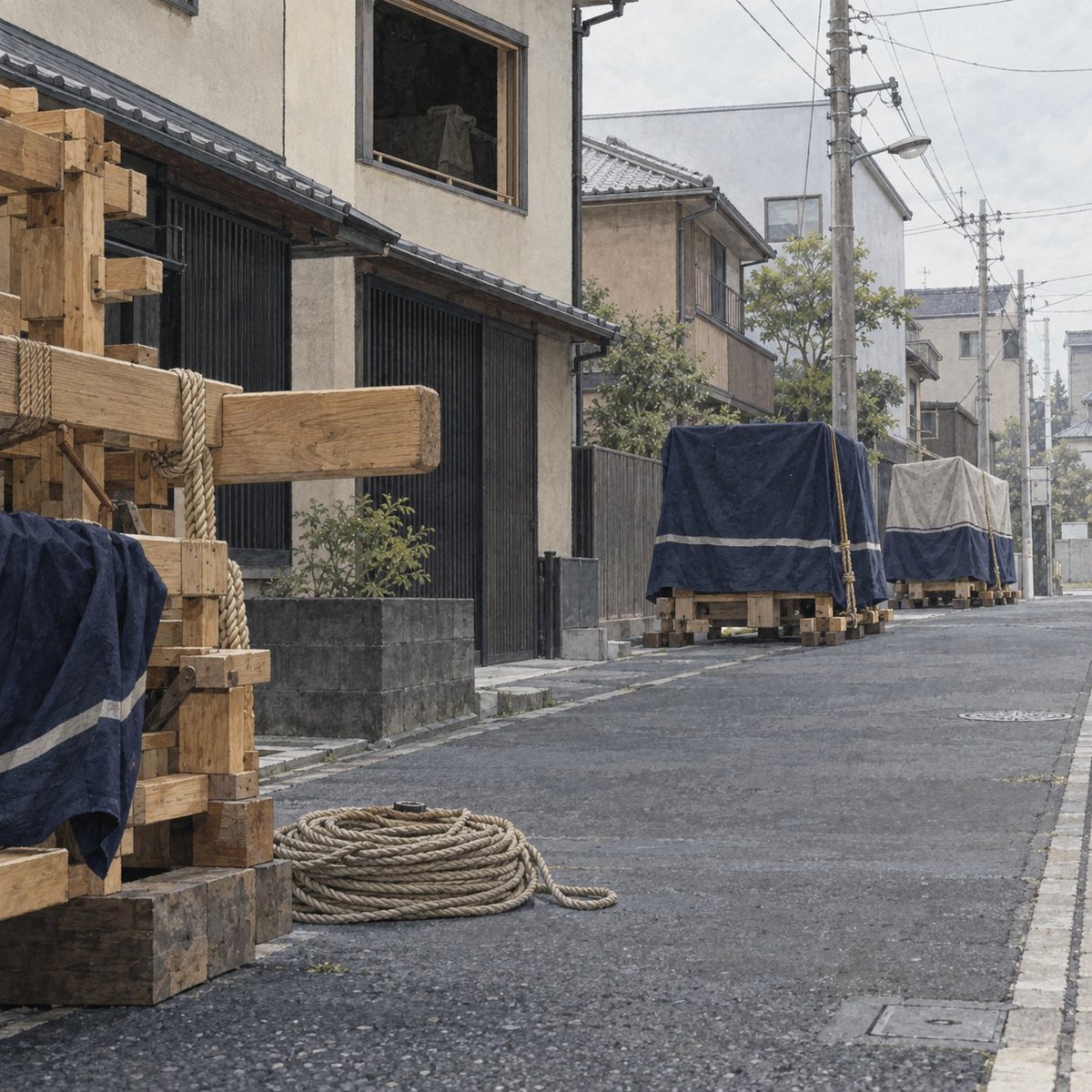 PathToJapan800's tweet photo. Before a festival in Japan becomes a finished scene, it may arrive in fragments.

A temporary structure rises. Rehearsal sounds come from an upper floor.

The event is not fully visible, but its preparation is already present in the street. https://t.co/TDXH7QgnRV