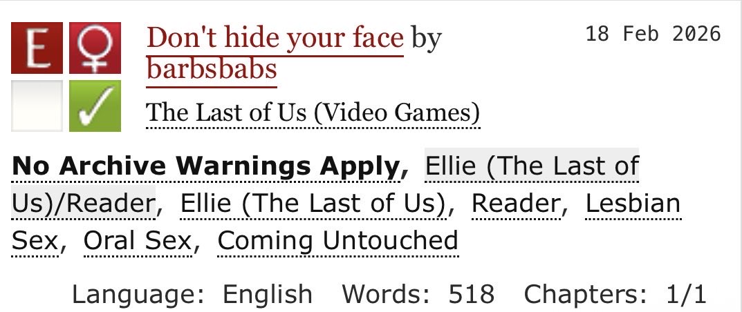 biosapphic's tweet photo. TLOU2
Ellie/Reader (no Y/N)

Don't hide your face - barbsbabs

https://t.co/2UBKeWdQ4q https://t.co/g3Ol1jqXcW