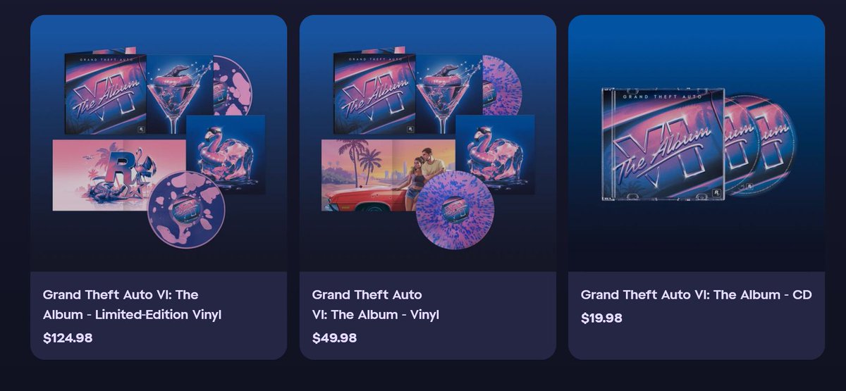 videogamedeals's tweet photo. Pre-Order: Grand Theft Auto VI: The Album via Rockstar Games. https://t.co/w9aGGTMPQv

Limited-Edition Vinyl $124.98
Vinyl $49.98
CD $19.98 https://t.co/XmAK6BLjgM