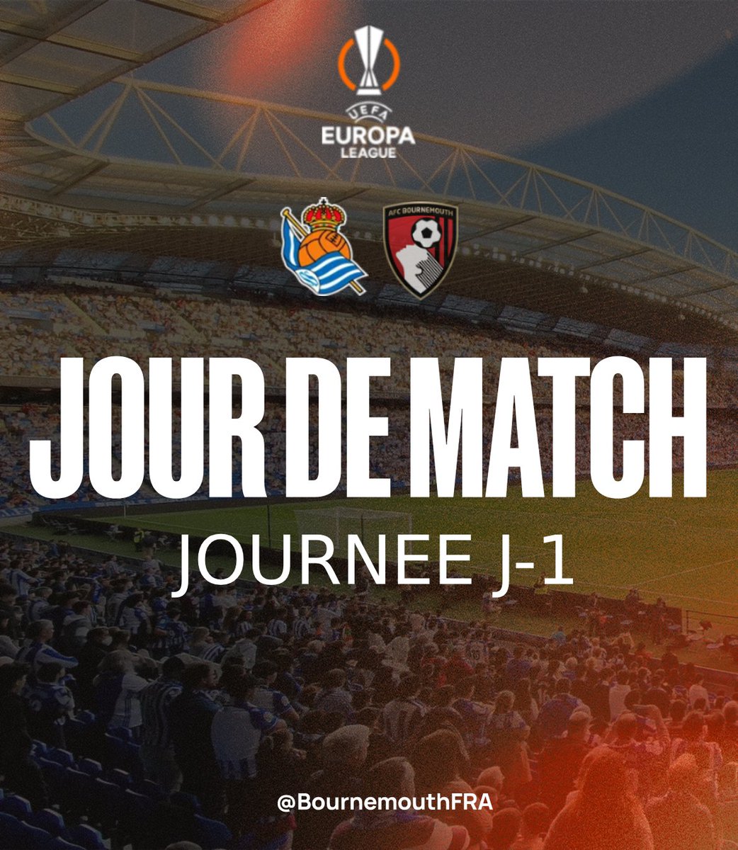 BournemouthFRA's tweet photo. 🎯 𝐉𝟏 EUROPA LEAGUE : DIRECTION SAN SEBASTIÁN 🏆

Ce soir, on écrit l'histoire : première apparition européenne du club en 126 ans d'existence ! 🍒✨

⏳ Aujourd'hui, coup d'envoi ⚽
🇪🇸 🇫🇷 21h00 (heure locale/France)
🇬🇧 20h00 (heure UK)
🏟️ Face à la Real Sociedad, à la Reale Arena !
#afcb #RSOBOU
@afcbournemouth @RealSociedad
