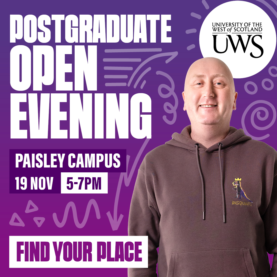 UniWestScotland's tweet photo. Ready to take the next step in your career? Join us for our Postgraduate Open Evening. Chat with our lecturers, explore our programmes and find your perfect fit.

Book your spot today: https://t.co/RIYgFflBJ9 https://t.co/1z8p5590pq