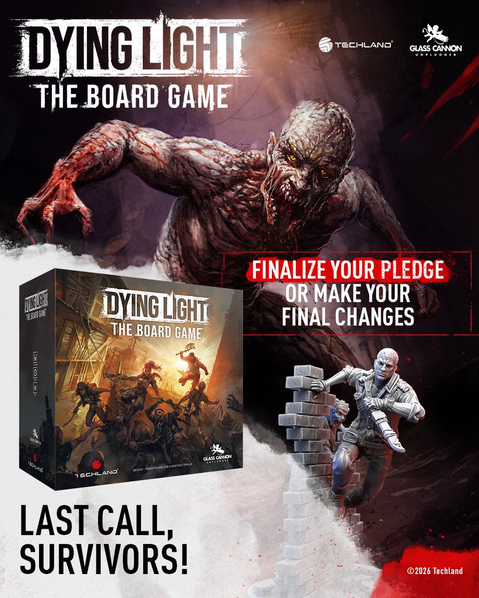 GCUtabletop's tweet photo. Last Call, Survivors! Pledge editing for Dying Light: The Board Game is now open.

Add Zenithal Priming, update your shipping address, or finalize your pledge if you backed on Kickstarter but never completed it.

👉 https://t.co/wtXypgP2nS

#boardgames #tabletopgames #dyinglight https://t.co/P6RJdMmptH