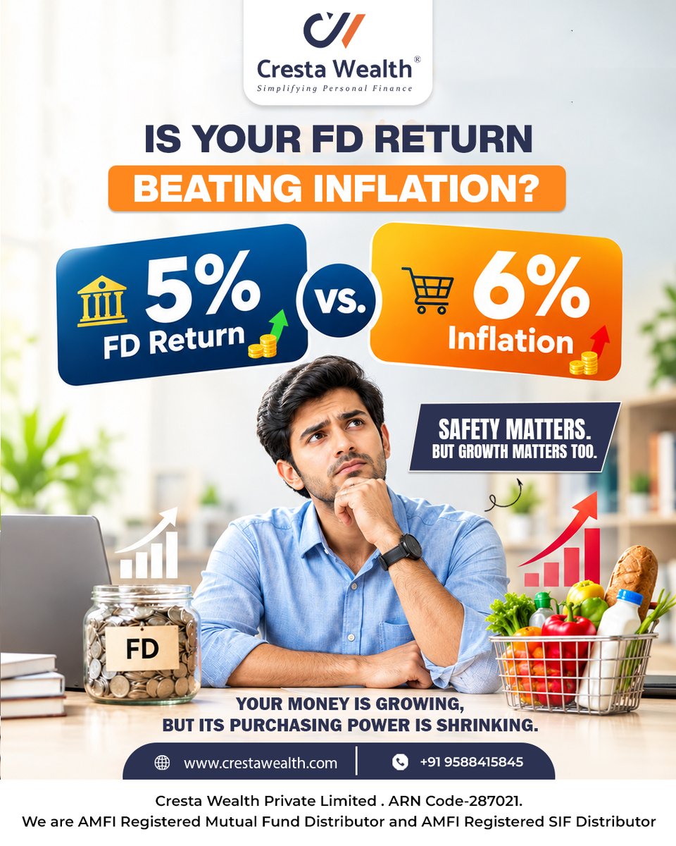 crestawealth's tweet photo. A 5% FD return may sound safe, but when inflation is at 6%, your purchasing power can still decline over time.
.
𝗧𝗼 𝗸𝗻𝗼𝘄 𝗺𝗼𝗿𝗲, 𝘃𝗶𝘀𝗶𝘁 𝘄𝘄𝘄.𝗰𝗿𝗲𝘀𝘁𝗮𝘄𝗲𝗮𝗹𝘁𝗵.𝗰𝗼𝗺
.
#EarlyInvestment #ITProfessional #earlyInvestor #LifeInsurance #HealthInsurance https://t.co/4lMnb9V0YT