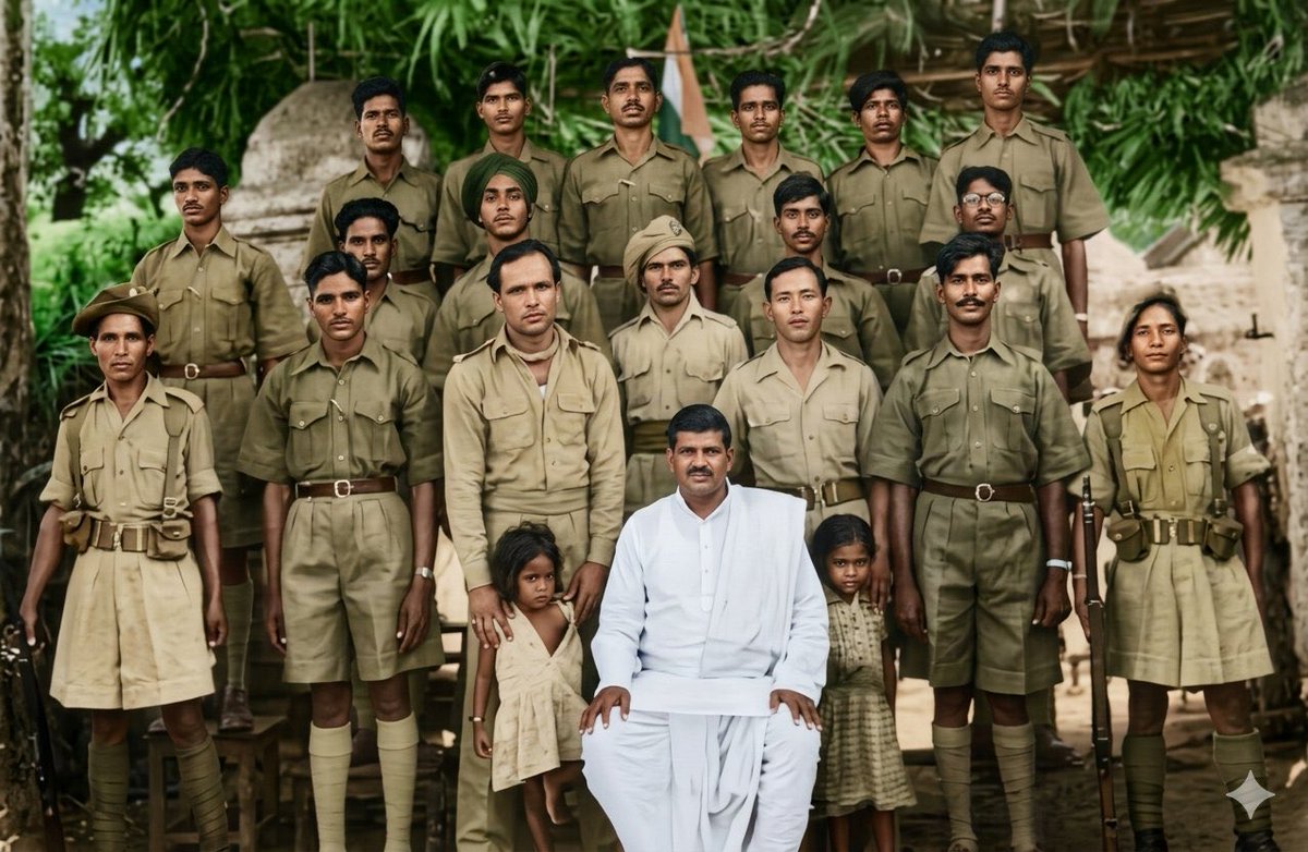 ProfVemsani's tweet photo. #TelanganaVimochanaDinotsavam my family participated in the Telangana rebellion and I heard so many stories about the mercenary army of the Nizam (Razakars). Another Bengal style genocide was averted due to the bravery and quick action of our ancestors. Here is my father-in-law with his army that fought the Razakars.