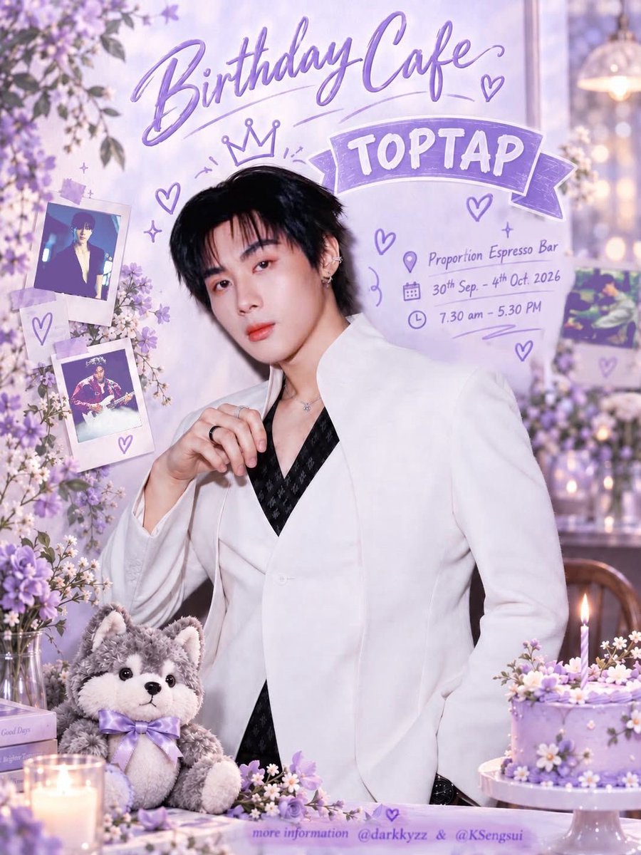 ToptapminleeIna's tweet photo. 🐺🎂 𝟐𝟑𝐑𝐃 𝐓𝐎𝐏𝐓𝐀𝐏 𝐉𝐀𝐑𝐔𝐊𝐈𝐓
💜 𝐁𝐢𝐫𝐭𝐡𝐝𝐚𝐲 𝐂𝐚𝐟𝐞 𝐏𝐫𝐨𝐣𝐞𝐜𝐭 🍬

Calling all #Vitomin in Bangkok! 🇹🇭💜
Let’s celebrate Toptap’s 23rd Birthday together and enjoy a lovely birthday café event prepared by our Thai friends. 🐺🎂

📍 𝐏𝐫𝐨𝐩𝐨𝐫𝐭𝐢𝐨𝐧 𝐄𝐬𝐩𝐫𝐞𝐬𝐬𝐨 𝐁𝐚𝐫
🚄 BTS ห้าแยกลาดพร้าว — Exit 1
🚅 MRT พหลโยธิน — Exit 5

🗓️ 30 September – 4 October 2026
⏰ 7:30 AM – 5:30 PM

🔑 HBD TOPTAPJARU X ESPRESSO BAR
#Happy23rdTOPTAPxEPSBAR

🎁 𝐆𝐈𝐕𝐄𝐀𝐖𝐀𝐘
Spend 150 THB or more on drinks or snacks and receive a cute giveaway!
Plus, every receipt will have a chance to win a TOPTAP photo (10" × 12").

🎂 𝐁𝐈𝐑𝐓𝐇𝐃𝐀𝐘 𝐂𝐀𝐊𝐄 𝐂𝐄𝐑𝐄𝐌𝐎𝐍𝐘
🗓️ 2 October 2026
⏰ 4:00 PM

If you’re in Bangkok during the event period, don’t forget to stop by and celebrate Toptap’s special day! 🤗💜

Let’s fill his birthday with lots of love, smiles, and beautiful memories. 🐺🩵🍬

📌 More Information please contact @darkkyzz
@KSengsui

#TOPTAPJarukit  #Toptap23rdBirthday