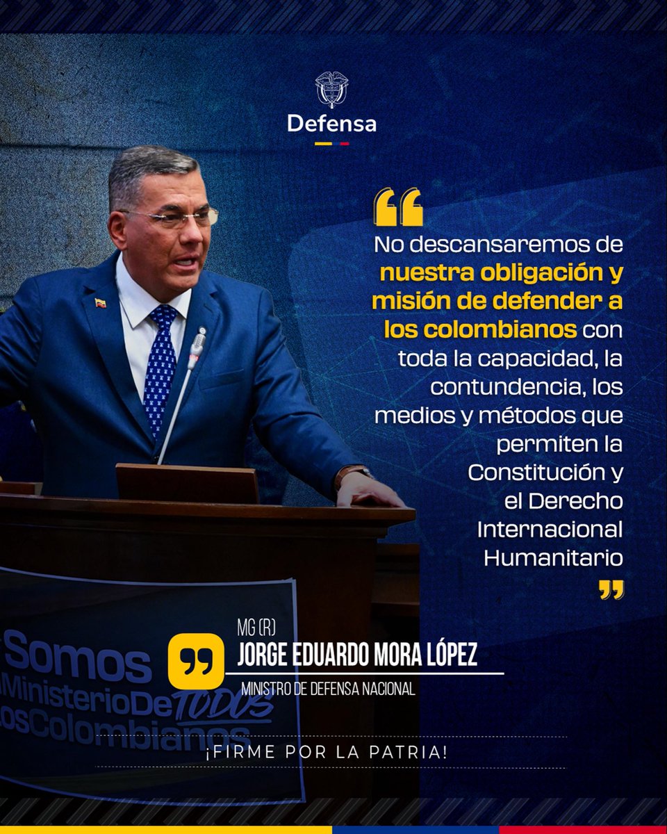 mindefensa's tweet photo. Ante las amenazas contra la población y el territorio, la respuesta del Estado debe ser firme.

La Fuerza Pública no renuncia a su misión. Actúa para proteger, recuperar el control territorial y enfrentar a las estructuras armadas, siempre bajo la Constitución y el Derecho Internacional Humanitario.