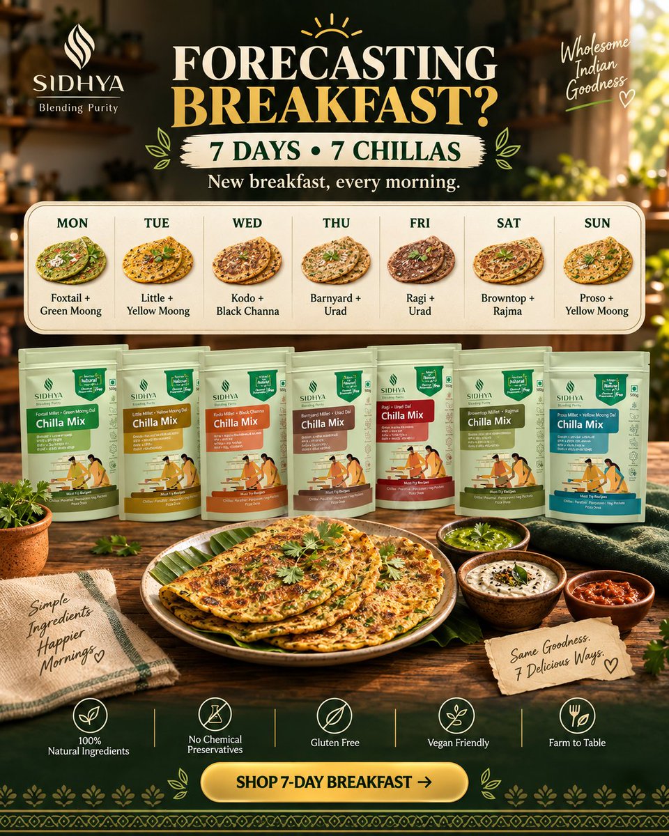 sidhyapurity's tweet photo. 🌾 7 Days. 7 Chillas. One Easy Breakfast Routine! 😋

Still wondering “What’s for breakfast tomorrow?”

Make mornings easier with Sidhya Purity Millet Chilla Mix — 7 delicious millet + dal combinations for 7 different days! 🌿 

Shop Millet Chilla Mix:
https://t.co/o1MGnVO2aR https://t.co/ACWXqKW655