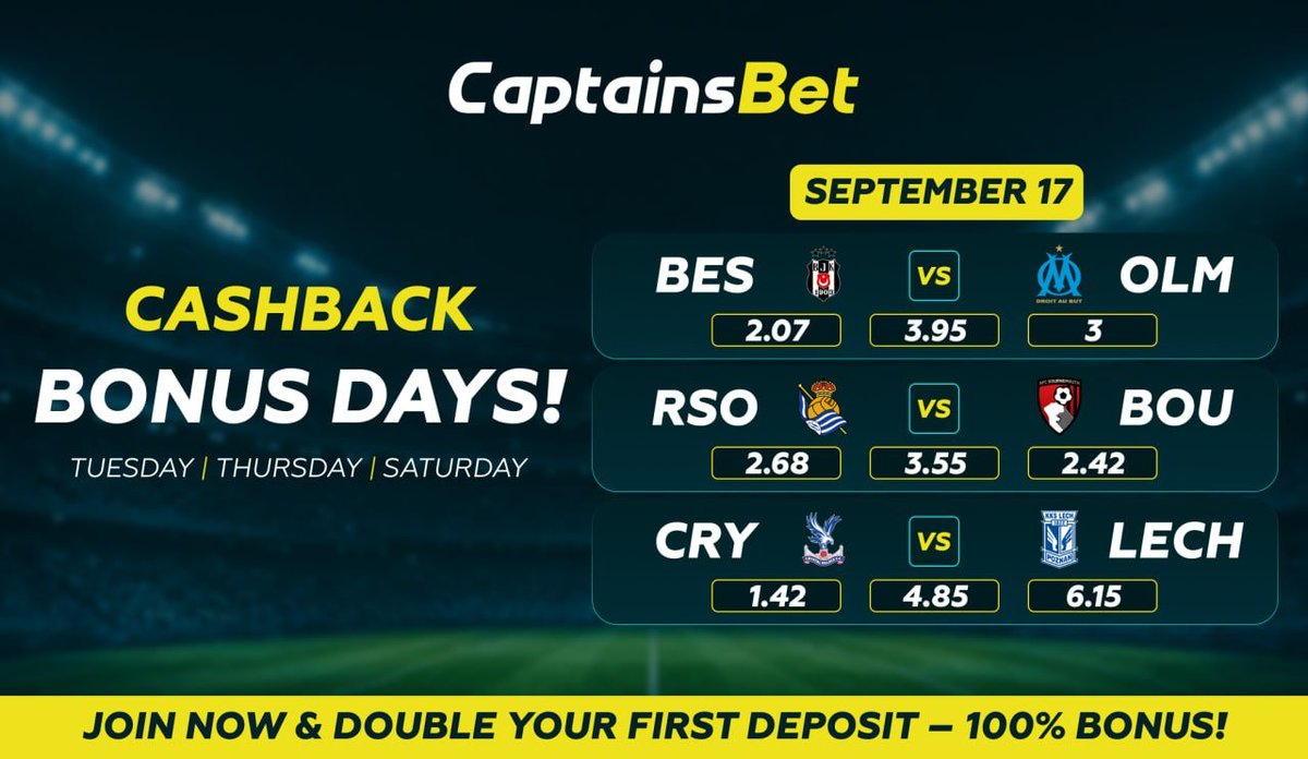 KingVictorTips's tweet photo. 🔥 CASHBACK BONUS DAYS! 💰

📅 SEPTEMBER 17

Your bets can bring you more every Tuesday, Thursday & Saturday! ⚽️

🎯 TODAY'S FEATURED MATCHES:

🇹🇷 Besiktas vs Marseille 🇫🇷
🇪🇸 Real Sociedad vs Bournemouth 🏴󠁧󠁢󠁥󠁮󠁧󠁿
🏴󠁧󠁢󠁥󠁮󠁧󠁿 Crystal Palace vs Lech Poznan 🇵🇱

🔥 BET. WIN. GET CASHBACK.

💰 PLUS: DOUBLE YOUR FIRST DEPOSIT!
🎁 100% FIRST DEPOSIT BONUS

🚀 Join CaptainsBet and make every match count!

🎁 Promo Code: VICTOR
🔗 https://t.co/rhr1fRWiza

#CAPTAINSBET #Cashback #CashbackBonus #SportsBetting #Football #BettingTips #FootballPredictions #AccaTips #BettingCommunity