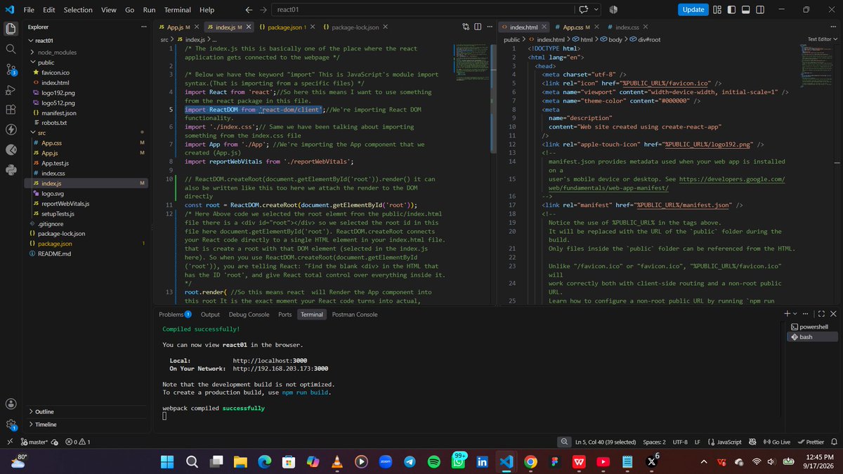 AdelajaCaleb's tweet photo. The index.js file this file helps you app be visualize in the web page it connects your react application to the web page, this file we import react libraries import React from 'react';( from react packeage) import ReactDOM from 'react-dom/client';(import react DOM functionality) https://t.co/iMAJu2kklh