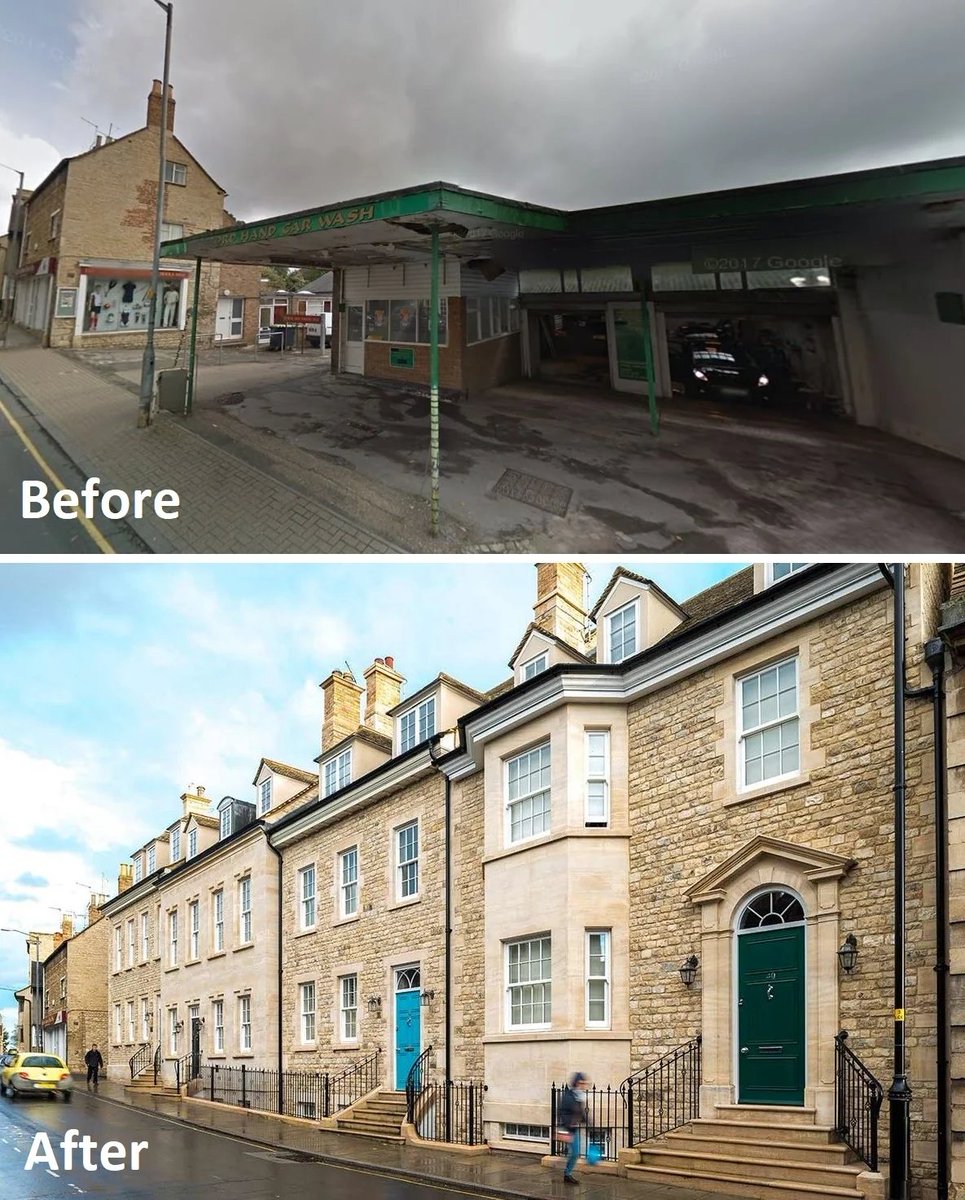 gietzschean's tweet photo. A dilapidated car wash and garage in Stamford,  UK, was brought down and replaced with an aesthetic Georgian style townhouse in 2017.

The project was led by Burghley Developments in partnership with Stamford Stone Co. https://t.co/PDy6NKRHs0