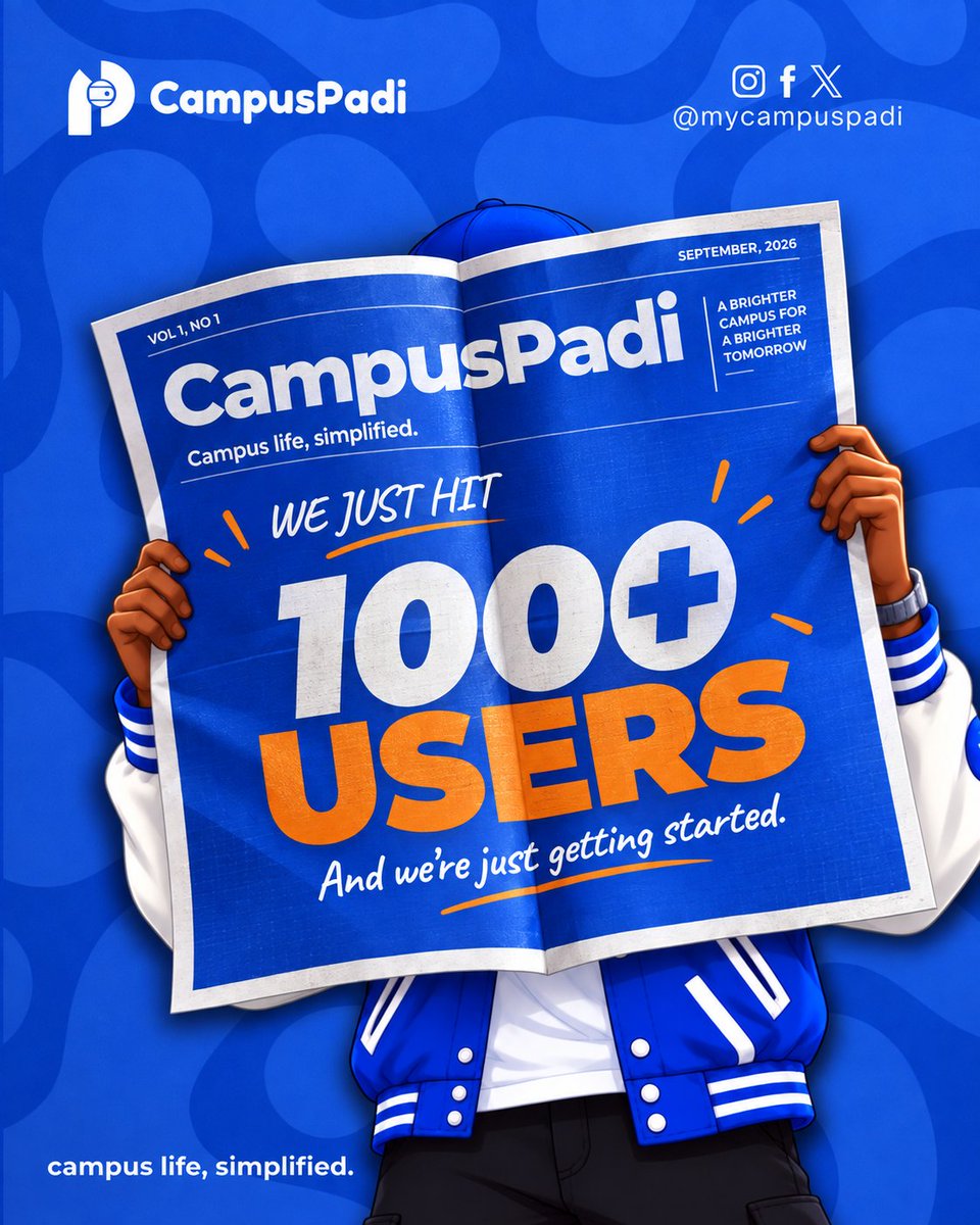 mycampuspadi's tweet photo. WE JUST HIT 1,000+ USERS! 💙🎉

1,000 students have now chosen CampusPadi to be part of their campus journey.

To everyone who signed up, reported bugs, sent feedback, suggested features or told a friend about us:

Thank you. You helped build this too. 💙

The goal isn't just more users.

It's making campus life simpler for every student who joins us.

First 1K. We're just getting started. 🚀

CampusPadi — campus life, simplified.
#CampusPadi #CampusLifeSimplified #1000Users #StudentLife #NigeriaStudents
