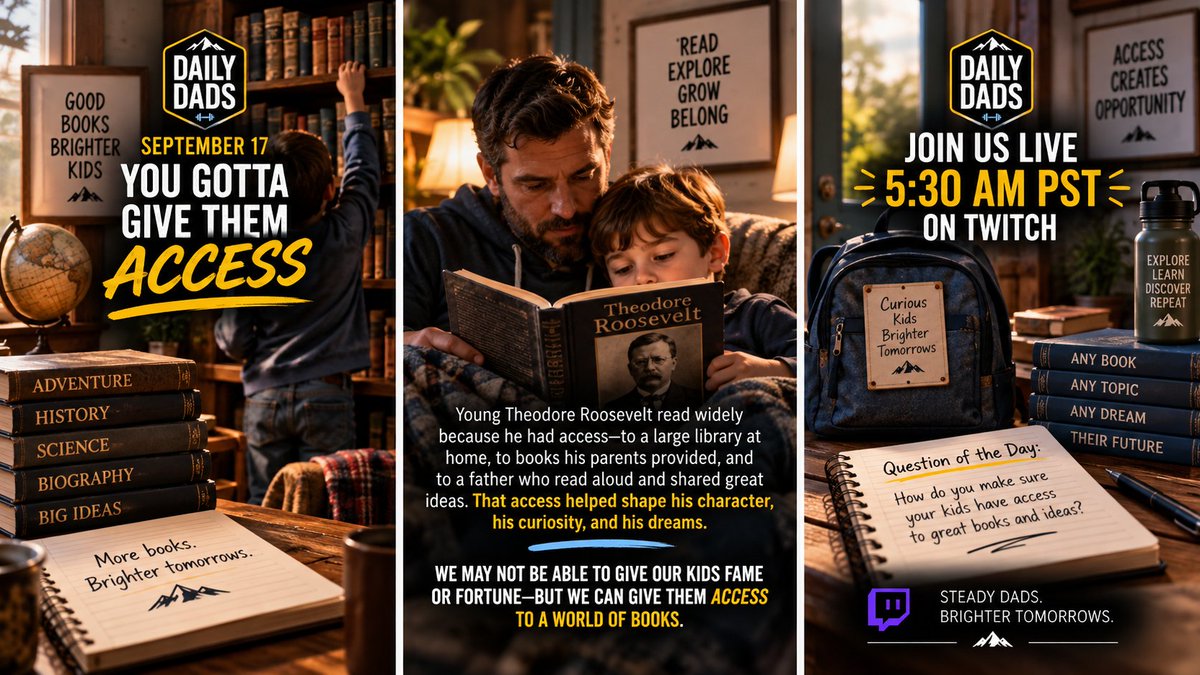 MyDailyDads's tweet photo. WE’RE LIVE!
Today on Daily Dads: Give Them Access.
We’re talking about Theodore Roosevelt, the incredible access to books he had growing up, and what we can do today to create that same environment of curiosity for our kids.
#DailyDads #Parenting #RaiseReaders
@DRouzaud @FaithIronFit @Beuks605 @DylanRayDotETH