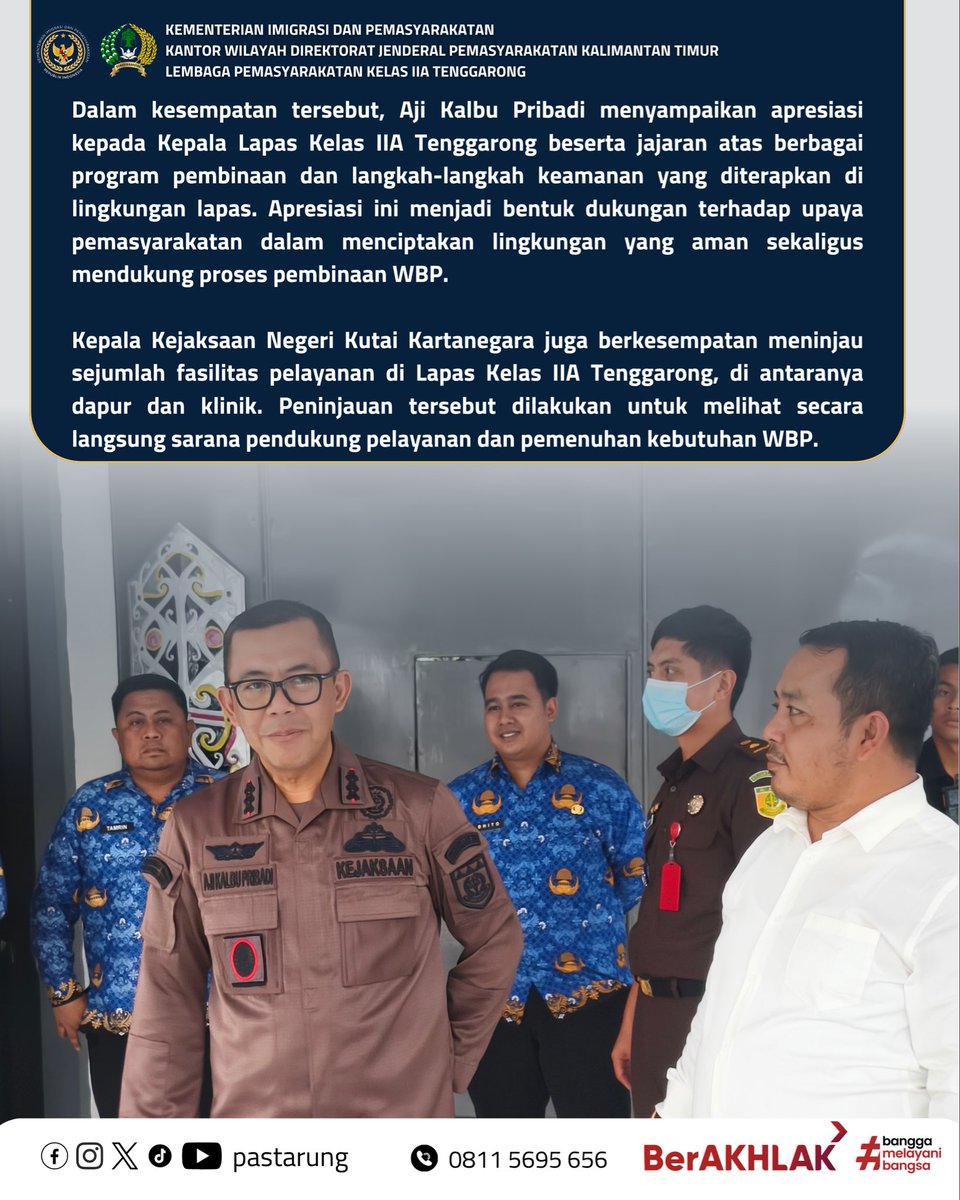 pastarung's tweet photo. Perkuat sinergi, Kepala Kejaksaan Negeri Kutai Kartanegara, Aji Kalbu Pribadi, mengunjungi Lapas Kelas IIA Tenggarong, Kamis (17/9/2026).

Kunjungan disambut Kalapas Tenggarong, I Wayan Nurastra Wibawa, bersama jajaran. https://t.co/tfWTCbxMtv