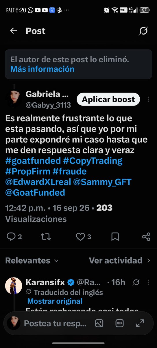 Gabyy_3113's tweet photo. Why are you deleting comments? Are you afraid your scam is coming to an end? @EdwardXLreal @Sammy_GFT @GoatFunded @GFT_Partners @PropFirmMatch @TrustedPropNews https://t.co/DqRniCbr2L