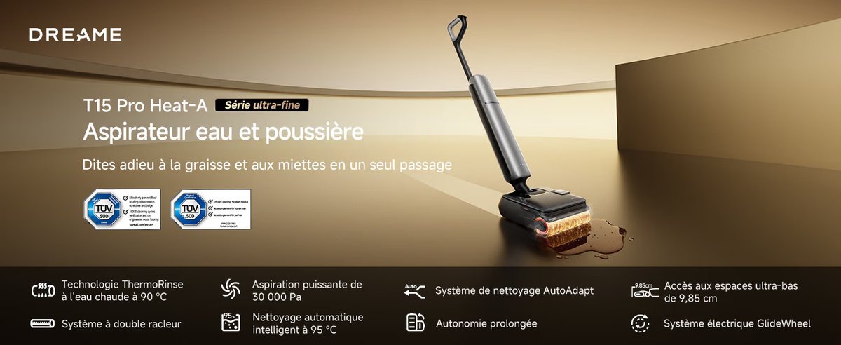 UX_Tech_FR's tweet photo. Le Dreame T15 Pro Heat rejoint officiellement la nouvelle T Series disponible en France !
🛒 Lien : https://t.co/pSnPwLVABL

🔥 Lavage à l’eau chaude 90°C | 💨 30 000 Pa | 🧹 Nettoyage des bords sur 3 côtés | 🏠 Jusqu’à 200 m² | 🔋 Jusqu’à 60 min | 🛞 GlideWheel | ✂️ TangleCut 2.0 | 🧼 Auto-nettoyage et séchage à 95°C

#Dreame #T15ProHeat #AspirateurLaveur #SmartHome #Maison #UxTech