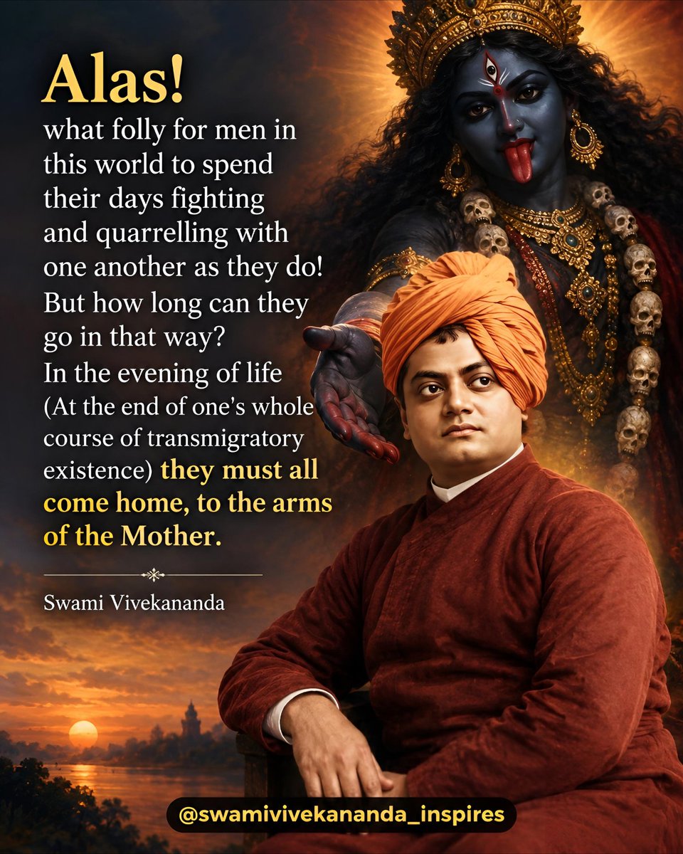 Swamijiinspires's tweet photo. Alas! what folly for men in this world to spend their days fighting and quarrelling with one another as they do! But how long can they go in that way? In the evening of life they must all come home, to the arms of the Mother.

Swami Vivekananda https://t.co/TxOa32ZvmO
