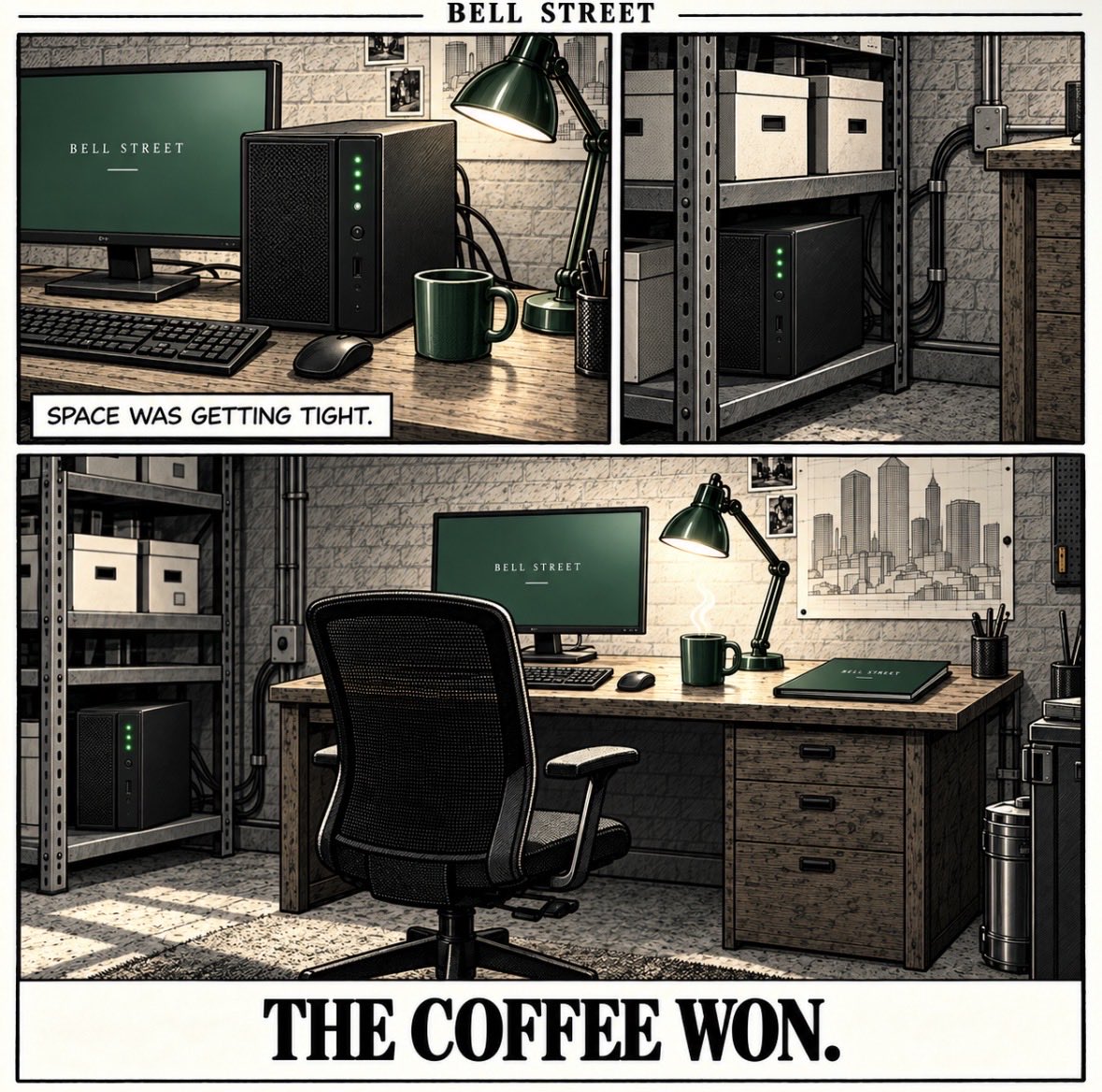 BellStreet_RH's tweet photo. The first office reshuffle.

The server got a new home.
The coffee got a promotion. 

Priorities on Bell Street. https://t.co/ndJD1auTPY