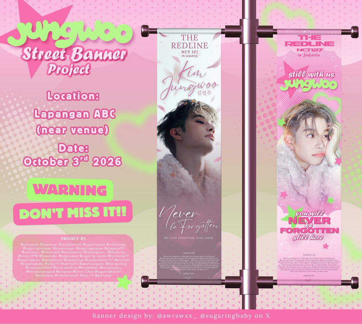 awrawxx_'s tweet photo. ♡ ₊˚‧꒰ ꪮ 𝑺𝒘𝒆𝒆𝒕𝒆𝒔𝒕 𝑱𝑼𝑵𝑮𝑾𝑶𝑶 𝑺𝒕𝒊𝒍𝒍 𝑯𝒆𝒓𝒆 ¡! ꫀ ꒱ ♡ ₊˚‧

#JUNGWOO Street Banner Project for NCT 127 REDLINE JAKARTA 

🗓 03 Okt 2026
📍 Lap. ABC, Indonesia Arena

Capture your moment! 
don't forget to tag us with #SweetestJUNGWOOStillHere ‹𝟹₊˚⊹♡ https://t.co/Scz2w1wGFX