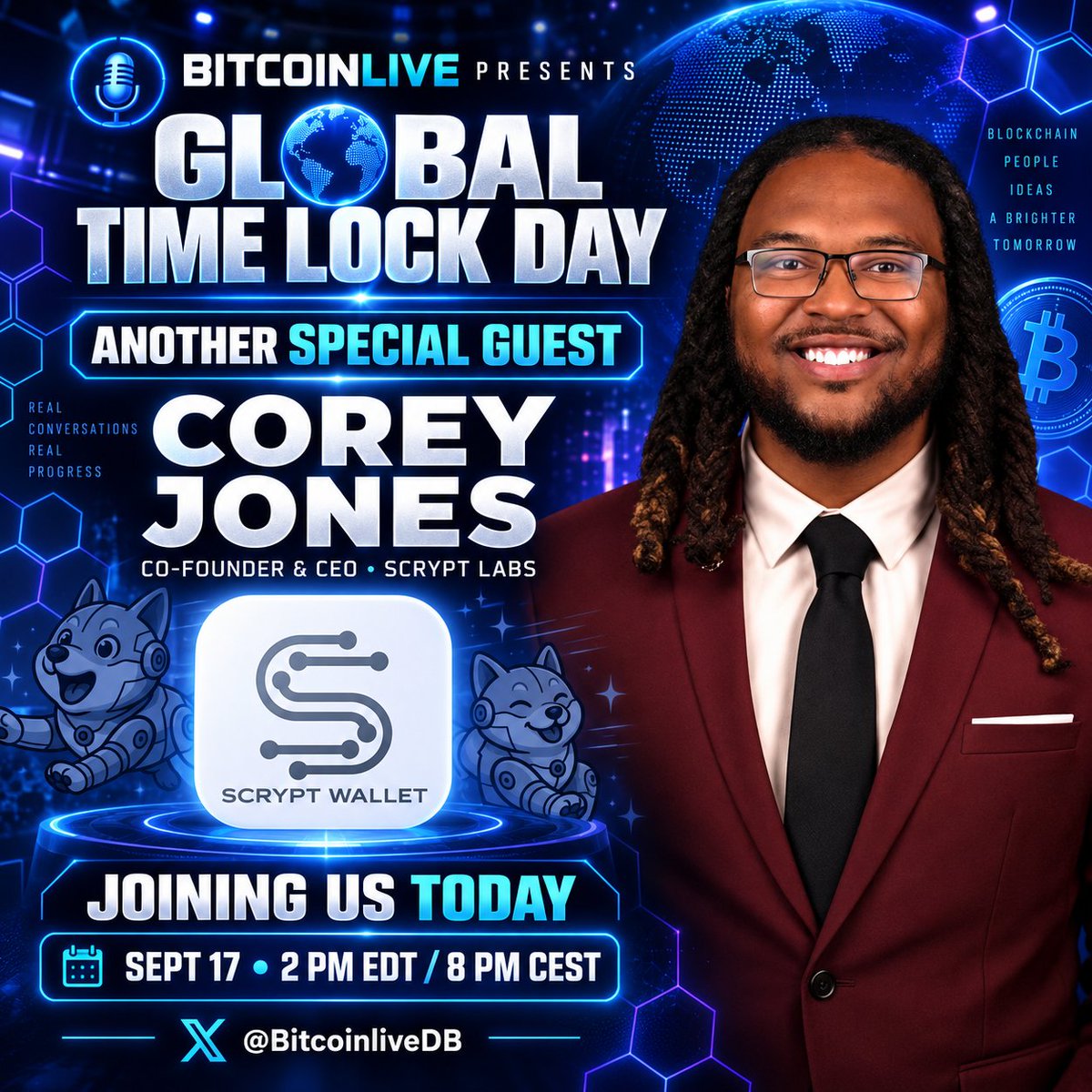 Adam_Ogilvie_'s tweet photo. 🚨 ANOTHER SPECIAL GUEST! 🚨

Corey Jones, Co-Founder and CEO of Scrypt Labs, is joining us TODAY on @BitcoinliveDB for Global Time Lock Day!

@ScryptWallet. Self-custody. Wallet innovation. digibyte:native. DigiDollar. Let’s build! 🔵

⏰ 2 PM EDT / 8 PM CEST
🎙️ https://t.co/uf9OeyzlUp