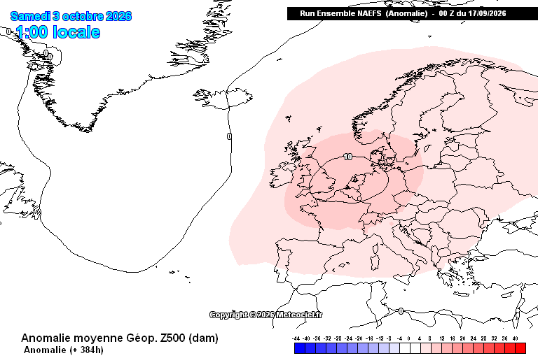 ExtremeMeteo's tweet photo. Quand le NAEFS est aussi marqué en terme d'anomalies des Z500 à l'échéance maximale, c'est un signe qui ne trompe pas "sur la robustesse" de la tendance. Ici en l'occurrence, tendance très anticyclonique jusqu'à début octobre "au moins" mais possiblement +. 

Assurance d'avoir un temps souvent ensoleillé quasiment partout, très sec et parfois chaud notamment de l'ouest au sud. Peut être légèrement plus frais du nord à l'est par séquences si le flux s'oriente légèrement au nord de par la présence d'une goutte froide en allant vers l'Europe de l'est. 

Le 10-15 octobre semblerait être la période charnière où le temps pourrait commencer à changer un peu avec éventuellement davantage d'influence dépressionnaire atlantique. Mais ça reste très lointain et donc très largement à confirmer.