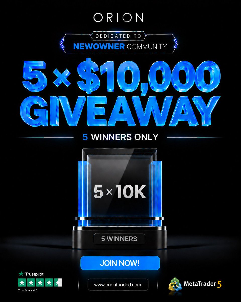 New_owner1's tweet photo. 🎁 $50,000 PARTNERSHIP GIVEAWAY 🎁

A partnership dedicated to the NEWOWNER Community.

How to enter (do all):
1.  Follow @Orionfundedcom  @New_owner1  @OrionAffiliates 
2.  Like + Repost this post
3.  Tag 3 traders who deserve a shot
4.  Also follow @ramon0897 @Fateemafx @risefx @itrade4rex @ISP_TRADER @TRADEwith_TUNDE 

Only 5 winners walk away with $10K each.
Don’t sleep on this.

#Giveaway #OrionFunded #NEWOWNER
